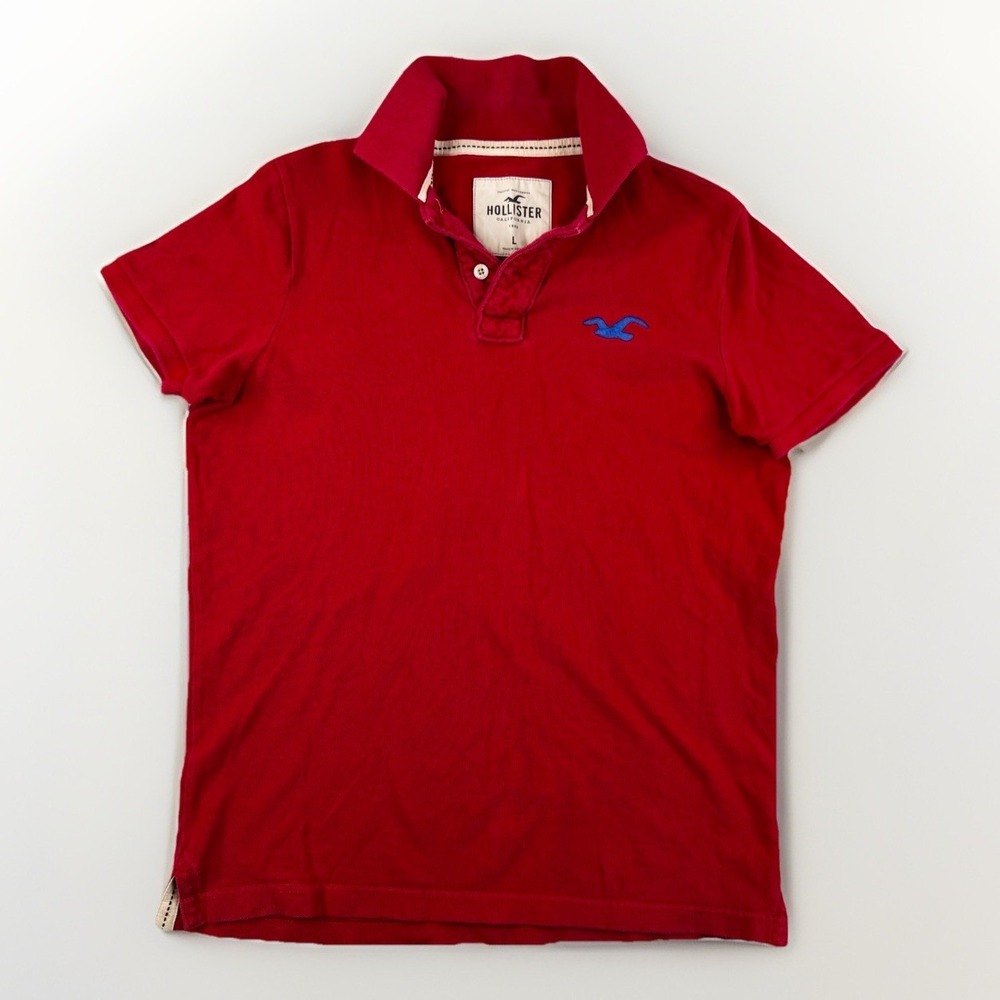 Hollister California Mens Polo Shirt L Red Blue Logo Y2K‎ Classic Fit Mallcore